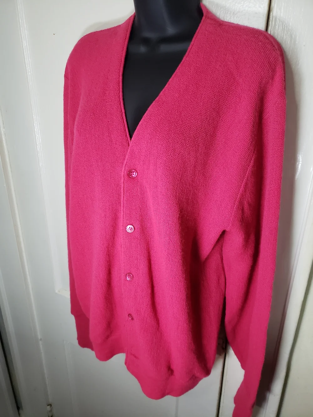 Jantzen Sweater Mens Large L Hot Pink Cardigan Button Front Knit Vintage - Picture 2 of 12